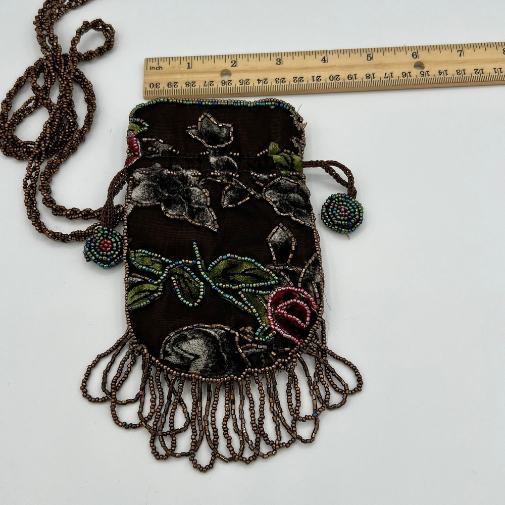 Vintage Style Velvet Floral Beaded Drawstring Pouch Brown Crossbody Fringe Small - Picture 6 of 8